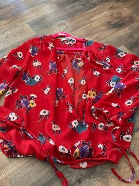 Collective Concepts Red Floral Wrap Blouse